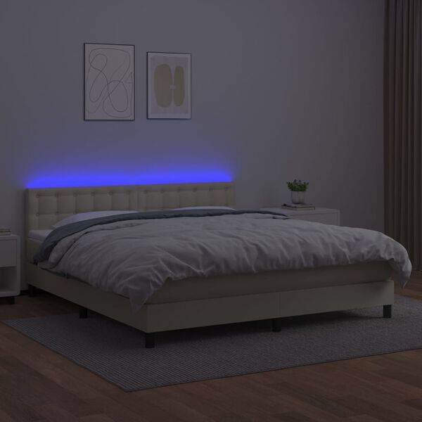 vidaXL Box spring postelja z vzmetnico LED krem 180x200cm umetno usnje