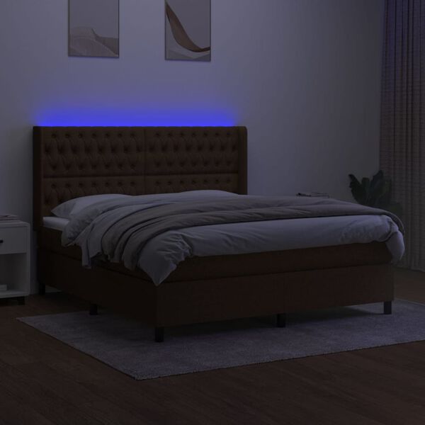 vidaXL Box spring postelja z vzmetnico LED temno rjava 160x200cm blago