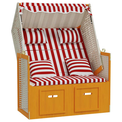 vidaXL Stol za na plažo z blazinami poli ratan in trden les rdeče bel