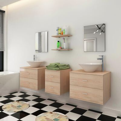 vidaXL Sedem delni komplet kopalniškega pohištva z umivalnikoma bež