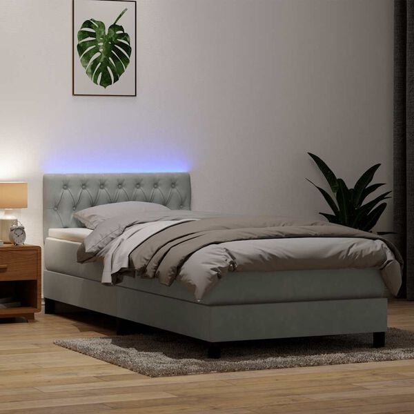 vidaXL Box spring postelja z vzmetnico LED svetlo siv 90x220 cm žamet