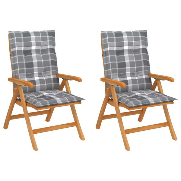 vidaXL Vrtni stoli 2 kosa s sivimi karo blazinami trdna tikovina