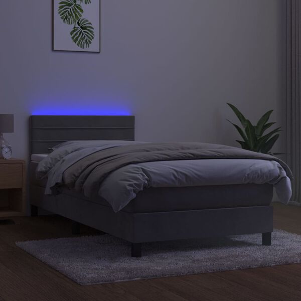 vidaXL Box spring postelja z vzmetnico LED svetlo siva 80x200 cm žamet