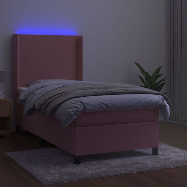vidaXL Box spring postelja z vzmetnico LED roza 90x190 cm žamet