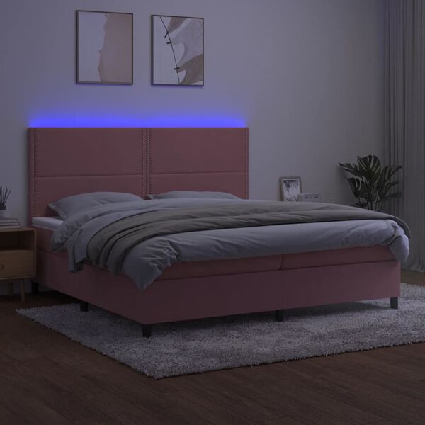 vidaXL Box spring postelja z vzmetnico LED roza 200x200 cm žamet