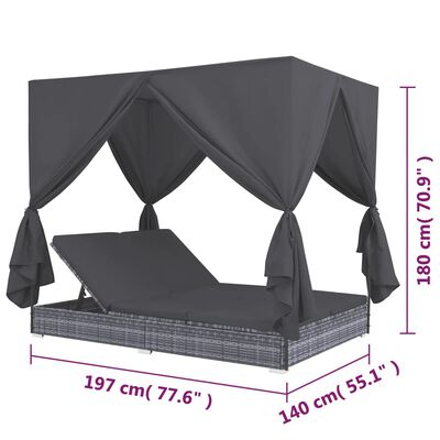 vidaXL Zunanja postelja z zavesami poli ratan siva