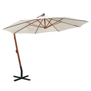 vidaXL Viseč senčnik 350 cm lesen drog bele barve