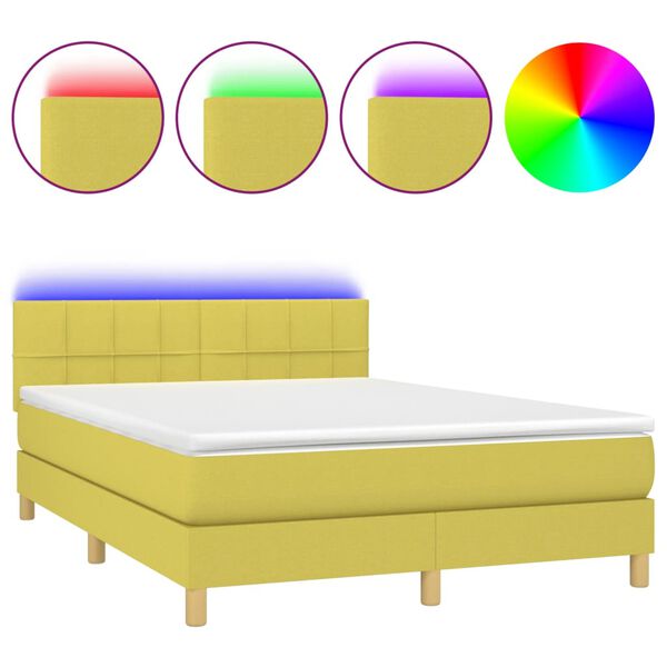 vidaXL Box spring postelja z vzmetnico LED zelena 140x200 cm blago