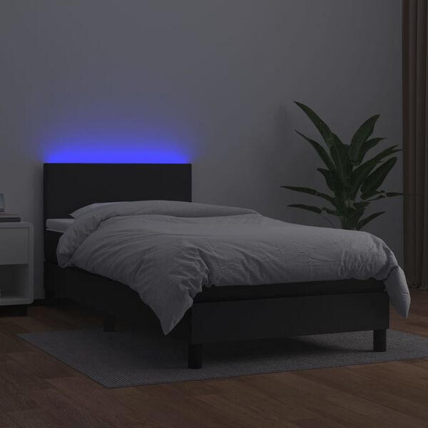 vidaXL Box spring postelja z vzmetnico LED črn 90x190 cm umetno usnje