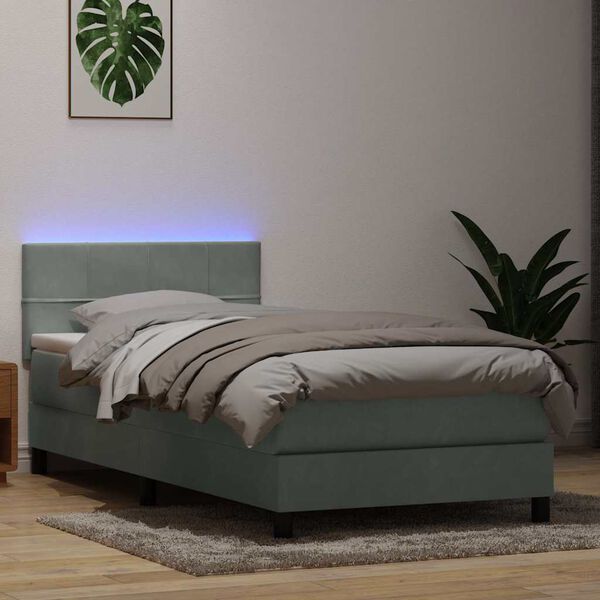 vidaXL Box spring postelja z vzmetnico LED svetlo siv 90x220 cm žamet