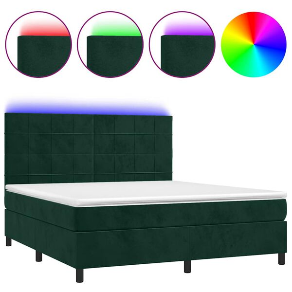 vidaXL Box spring postelja z vzmetnico LED tem. zelena 160x200cm žamet
