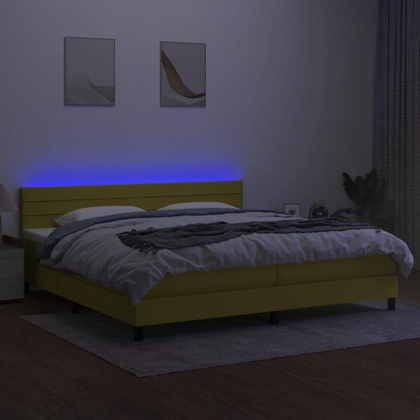 vidaXL Box spring postelja z vzmetnico LED zelena 200x200 cm blago