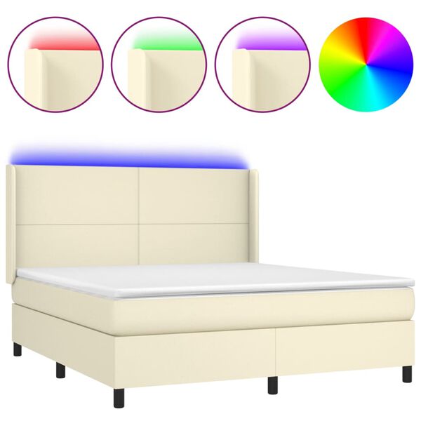 vidaXL Box spring postelja z vzmetnico LED krem 180x200cm umetno usnje