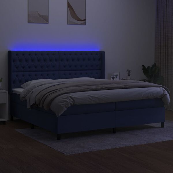 vidaXL Box spring postelja z vzmetnico LED modra 200x200 cm blago
