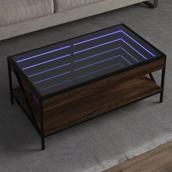 vidaXL Klubska mizica z neskončnimi LED rjavi hrast 90x50x38 cm