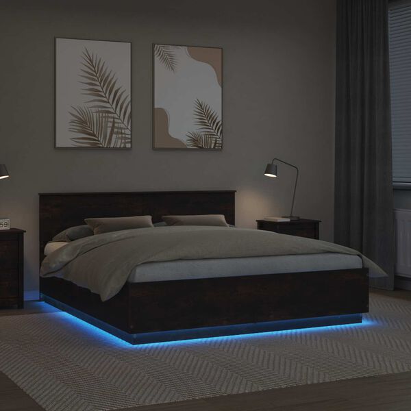 vidaXL Konstrukcija postelje z LED lučmi Dimljeni oreh 200 x 200 cm