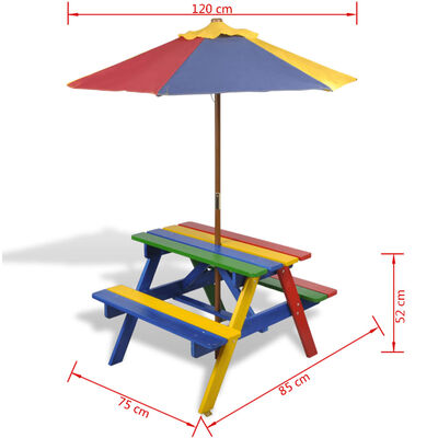 vidaXL Otroška piknik miza s klopmi in senčnikom večbarven les