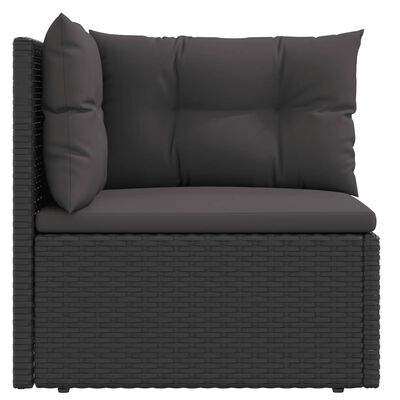 vidaXL Vrtni kotni kavč z blazinami črn poli ratan