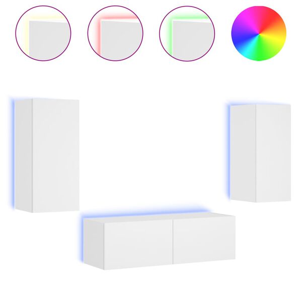 vidaXL Stenske TV omarice z LED lučkami 3 kosi bela