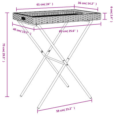 vidaXL Zložljiva miza s pladnjem bež 65x40x75 cm poli ratan