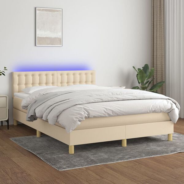 vidaXL Box spring postelja z vzmetnico LED krem 140x200 cm blago