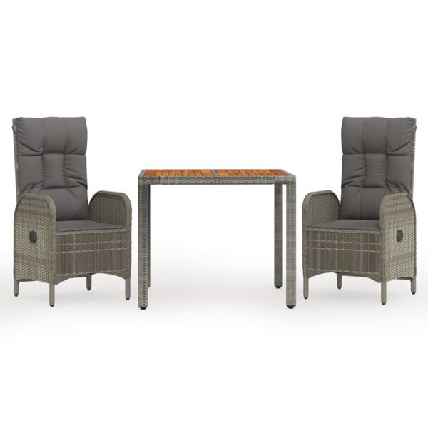 vidaXL Vrtna jedilna garnitura 3-delna z blazinami siv poli ratan