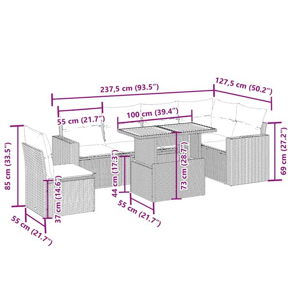 vidaXL Vrtna sedežna garnitura 7-delna z blazinami bež poli ratan