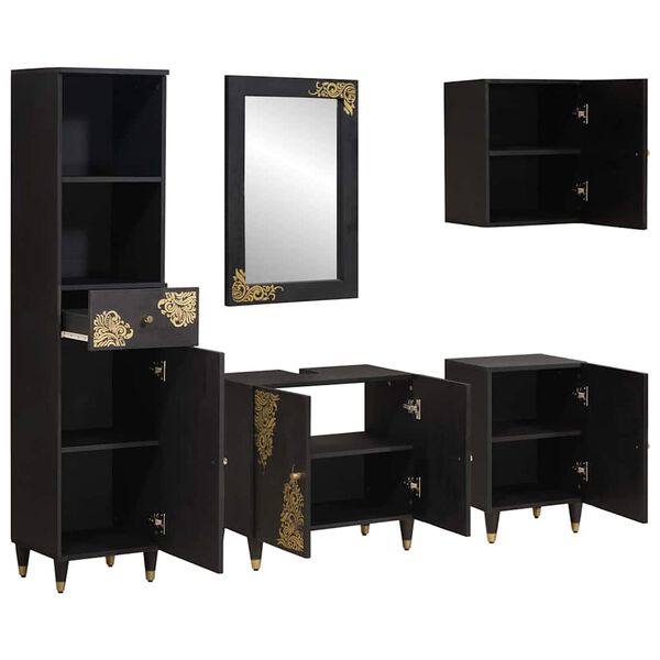 vidaXL Komplet omaric za kopalnico 5 pcs Črna Masiven les manga