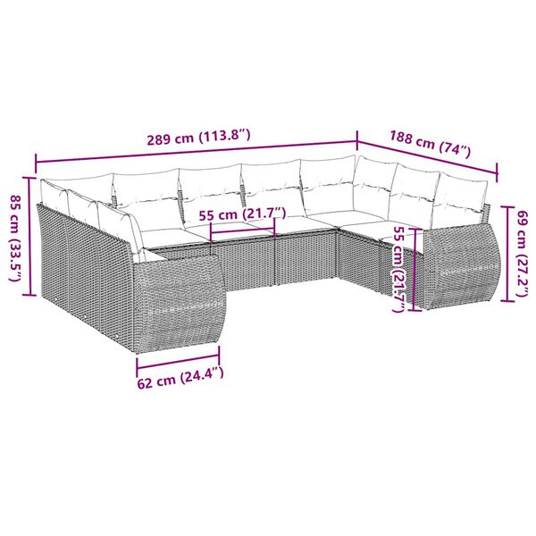 vidaXL Vrtna sedežna garnitura 9-delna z blazinami sv. siv poli ratan