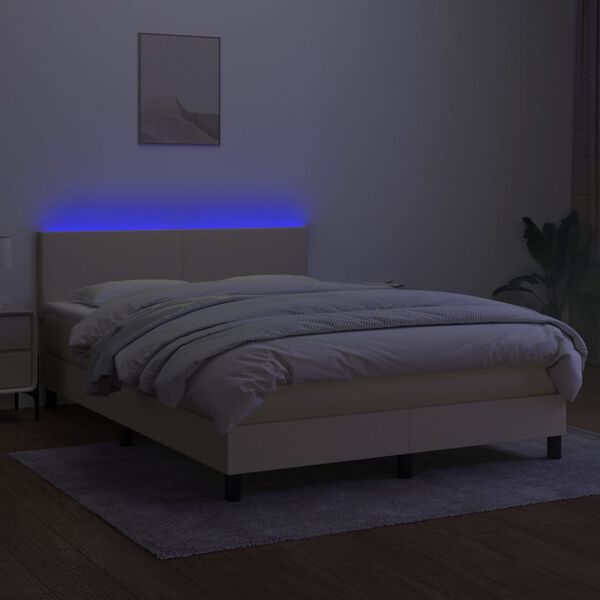 vidaXL Box spring postelja z vzmetnico LED krem 140x200 cm blago
