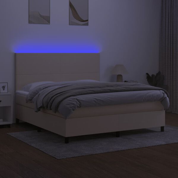 vidaXL Box spring postelja z vzmetnico LED krem 180x200 cm blago
