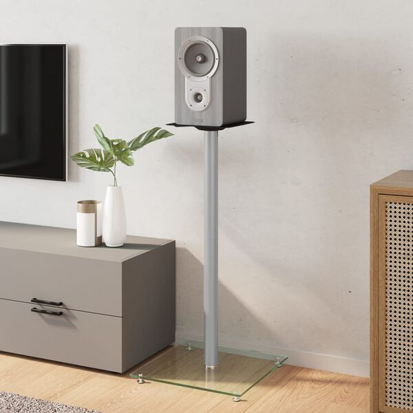 vidaXL Stojalo za zvočnike 2 kosa srebrno kaljeno steklo 1 steber