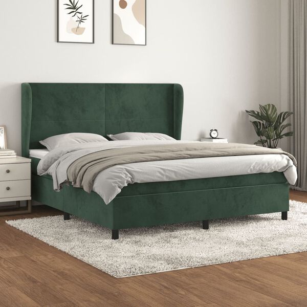 vidaXL Box spring postelja z vzmetnico temno zelena 160x200 cm žamet