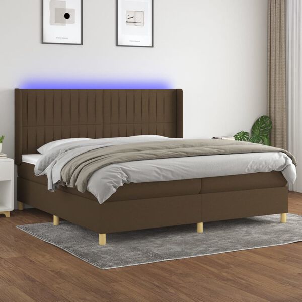 vidaXL Box spring postelja z vzmetnico LED temno rjava 200x200cm blago