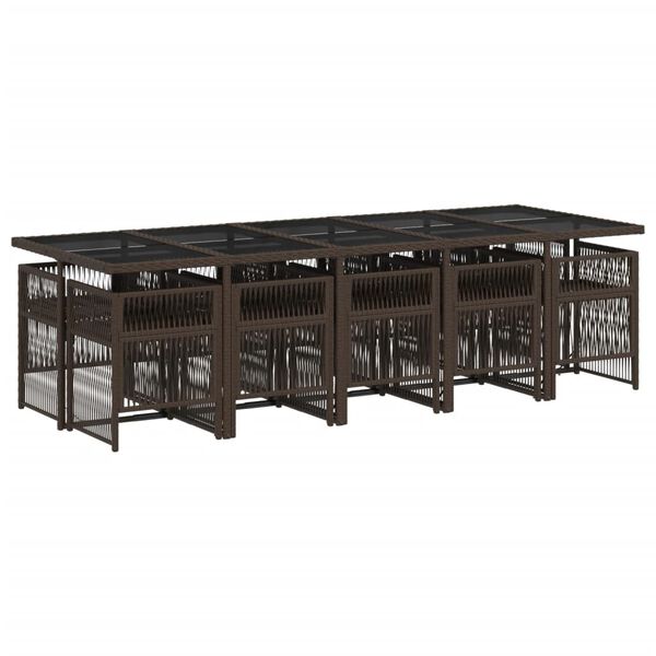 vidaXL Vrtna jedilna garnitura 11-delna z blazinami rjava poli ratan