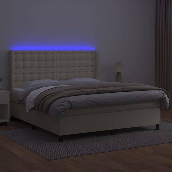 vidaXL Box spring postelja z vzmetnico LED krem 180x200cm umetno usnje