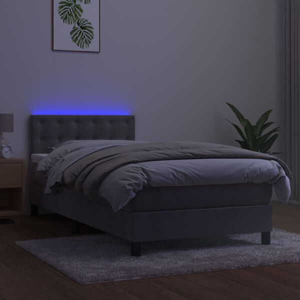 vidaXL Box spring postelja z vzmetnico LED svetlo siva 90x190cm žamet