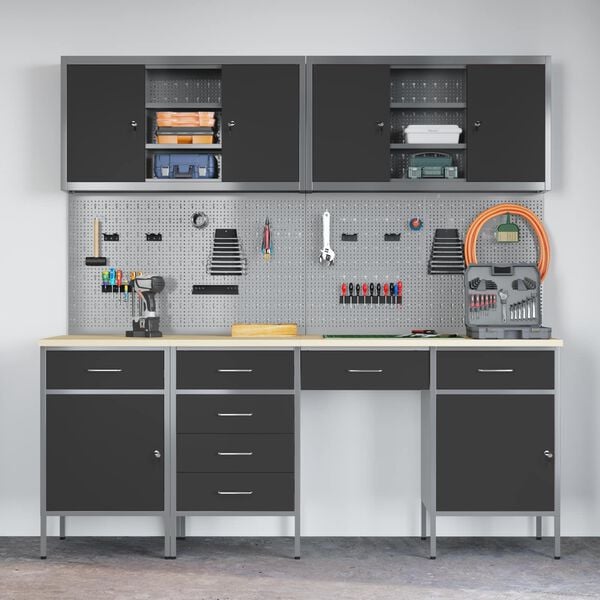 vidaXL Delovna omara s predalom 10 pcs Črna Inženirski les in jeklo