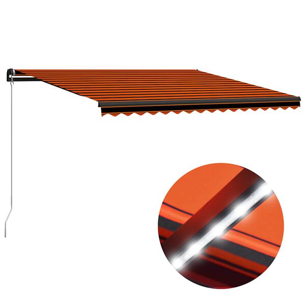 vidaXL Ročno zložljiva tenda LED 450x300 cm oranžna in rjava