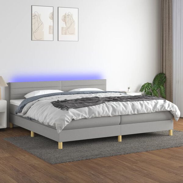 vidaXL Box spring postelja z vzmetnico LED sv. siva 200x200 cm blago