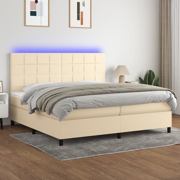 vidaXL Box spring postelja z vzmetnico LED krem 200x200 cm blago