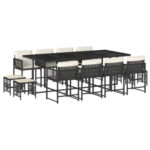 vidaXL Vrtna jedilna garnitura 13-delna z blazinami črn poli ratan