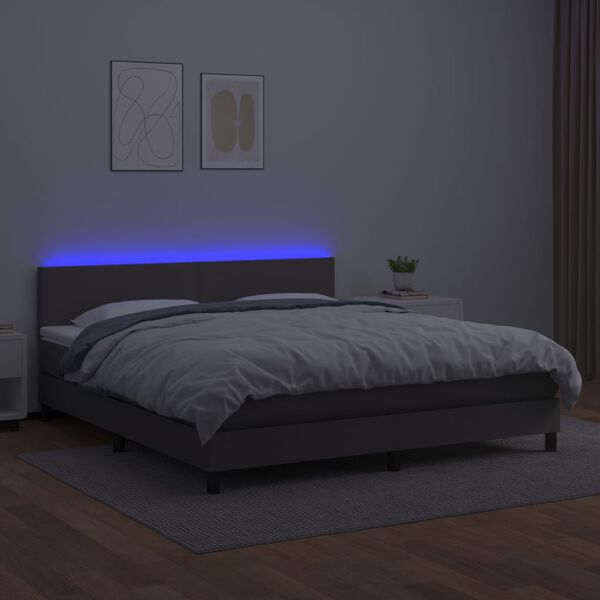 vidaXL Box spring postelja z vzmetnico LED siva 160x200cm umetno usnje