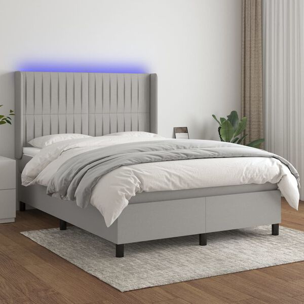 vidaXL Box spring postelja z vzmetnico LED svetlo siva 140x190cm blago