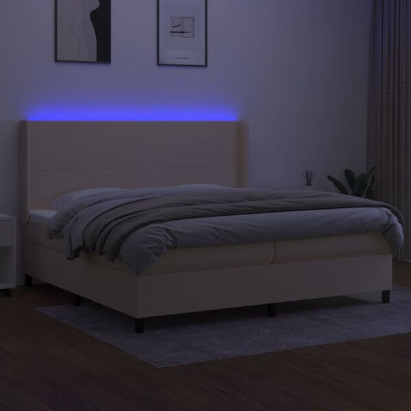 vidaXL Box spring postelja z vzmetnico LED krem 200x200 cm blago