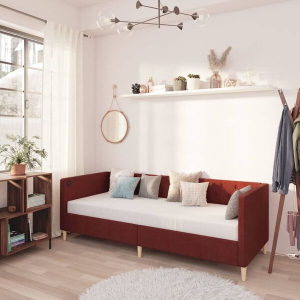 vidaXL Dnevna postelja z vzmetnico USB vinsko rdeče blago 90x200 cm