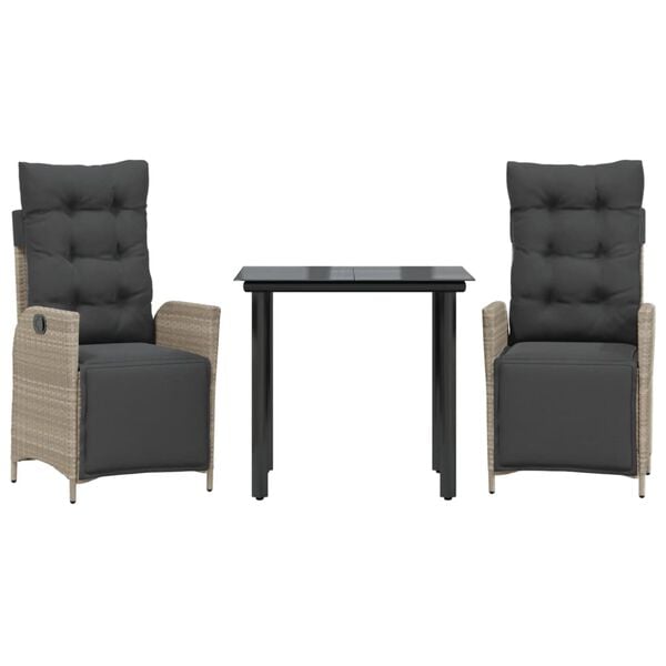 vidaXL Vrtna jedilna garnitura 3-delna z blazinami sv. siv poli ratan