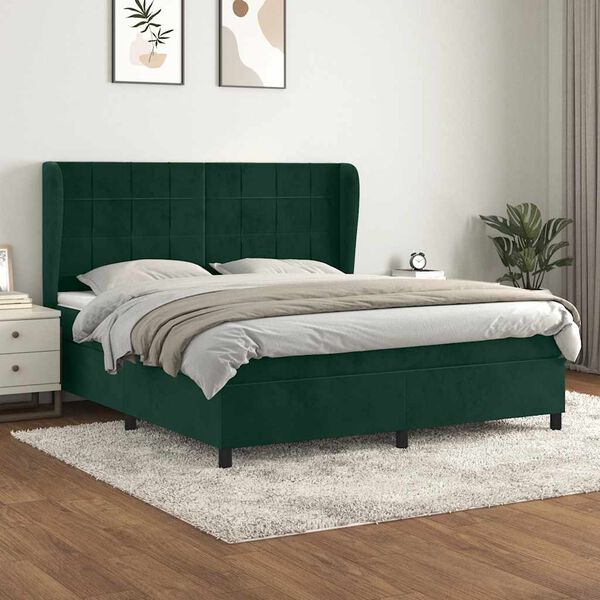 vidaXL Box spring postelja z vzmetnico temno zelena 160x200 cm žamet