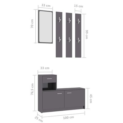 vidaXL Enota za hodnik visok sijaj siva 100x25x76,5 cm iverna plošča