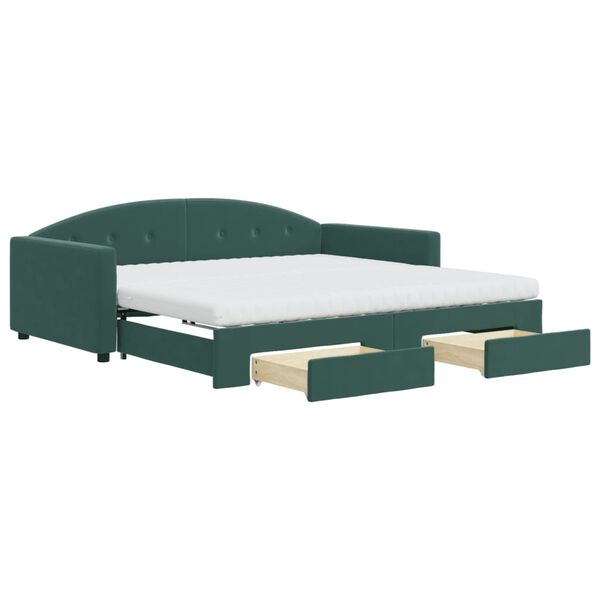 vidaXL Izvlečna dnevna postelja s predali tm. zelena 100x200 cm žamet